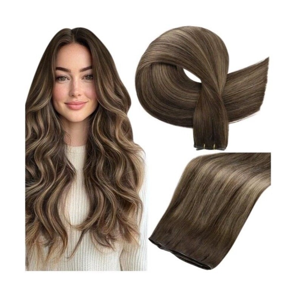 Full Shine 100% Real Human Hair Extensions Clip In Wire 16" Balayage Brown 2/8/2